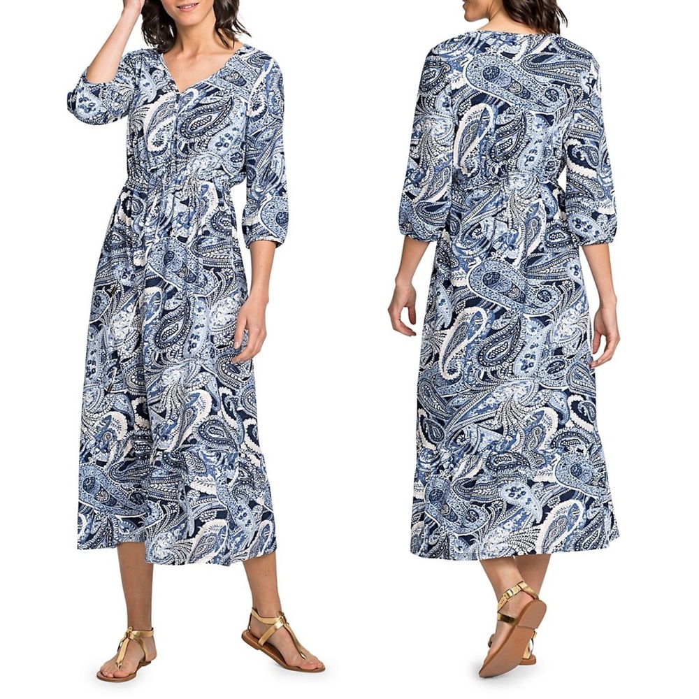 Olsen Premium Organic Cotton Blue Maxi Dress Womens Size XL‎ Tie Waist V-Neck